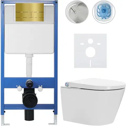 Záchody CERANO - Kompletní WC set Profi/Cronus Standard - bílá lesklá - WC tlačítko Line/Zlatá - předstěnová instalace - 59,3x38,4  CER-296357