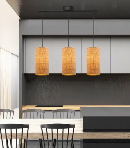Stropná svetla Závesná lampa Fleri čierna 3x60 e27 tienidlo 12x25 béžový ratan