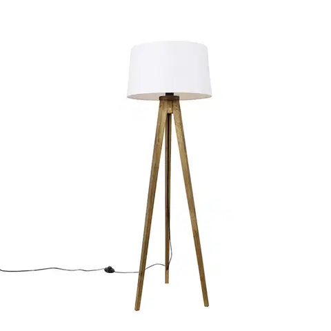 Stojace lampy Rustikálny trojnohý stojan vintage drevo s bielym ľanovým tienidlom 45 cm - Tripod Classic
