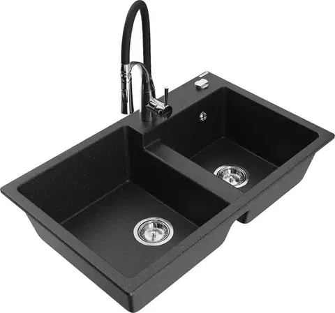 Kuchynské drezy MEXEN/S MEXEN/S - Tomas granitový drez 2-bowl vrátane batérie Aster, čierna/strieborná metalík 6516-73-73450-07