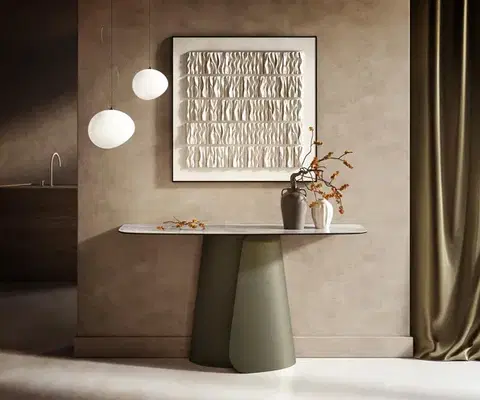 Konzolové stolíky DELIFE Konzolový stolík Edge zaoblený tvar 140×40 cm keramika onyx perla Livos kov titánová farba