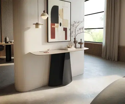 Konzolové stolíky DELIFE Konzolový stolík Edge zaoblený 140×40 cm keramika Laminam® Travertino Bianco krémovo biela Livos kov čierna