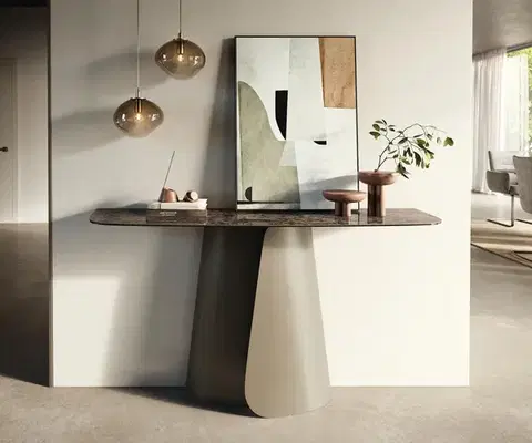 Konzolové stolíky DELIFE Konzolový stolík Edge zaoblený 140×40 cm keramika Emperador extra leštený tmavohnedá Livos kov titánová farba