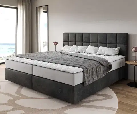 Postele Boxspring DELIFE Boxspring posteľ Dream-Fine mikrovlákno antracitová vintage 200×200 cm s vreckovou pružinovou matracou a topperom Visco