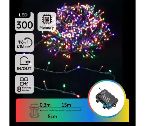 LED osvetlenie  B.V.  - LED vonkajšia svetelná reťaz, 300× LED, 8 režimov, napájanie 3×AA, dĺžka 15,3 m, IP44, viacfarebná B10303K2R