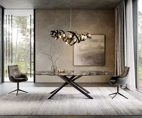 Jedálenské stoly DELIFE Jedálenský stôl Edge oválny 280x130 cm keramika Iris FMG Agatablack krížová podstava hranatá čierna