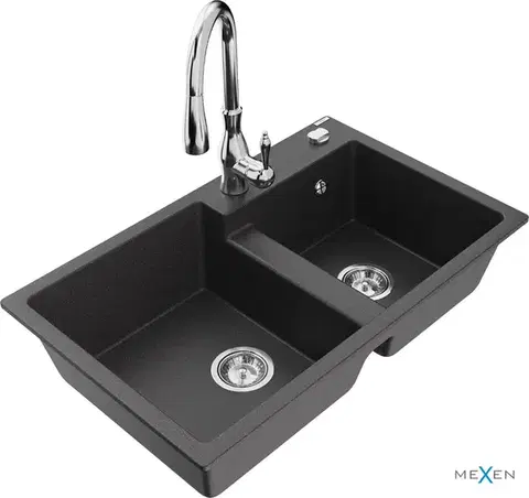 Kuchynské drezy MEXEN/S MEXEN/S - Tomas granitový drez 2-bowl vrátane batérie Savita, čierna kropenatá 6516-76-672601-00