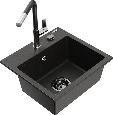 Kuchynské drezy MEXEN/S MEXEN/S - Milo granitový drez 1-miska vrátane batérie Flora, čierna/zlatá metalik 6505-75-670401-07-B