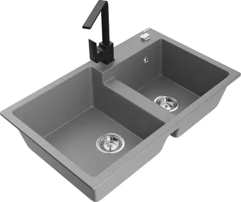 Kuchynské drezy MEXEN/S MEXEN/S - Tomas granitový drez 2-bowl vrátane batérie Rita, šedá 6516-71-670300-70