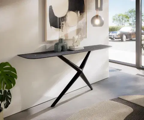 Konzolové stolíky DELIFE Konzolový stolík Edge zaoblený 180×40 cm keramika Laminam® Nero Greco antracit Estelo kov čierna