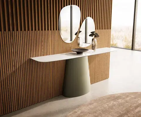 Konzolové stolíky DELIFE Konzolový stolík Edge zaoblený tvar 180×40 cm keramika onyx šampanské Conos kov titánová farba