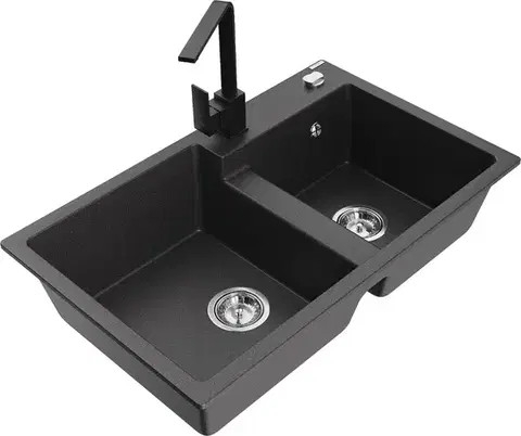 Kuchynské drezy MEXEN/S MEXEN/S - Tomas granitový drez 2-bowl vrátane batérie Rita, čierna kropenatá 6516-76-670300-70