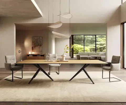 Jedálenské stoly DELIFE Jedálenský stôl Edge 300x100 keramika Laminam® Sabbia dubová farba Estelar okrúhly kov čierna