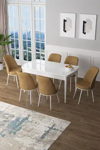Jedálenské sety Extendable Dining Table & Chairs Set (7 Pieces) Zen - White, Cappuccino