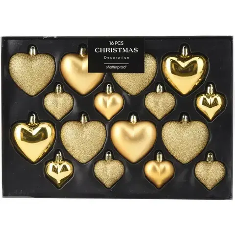 Vianočné dekorácie Súprava 16 ks vianočných ozdôb Hearts, sýto zlatá, box 31,5x3,5x22,5 cm, plast