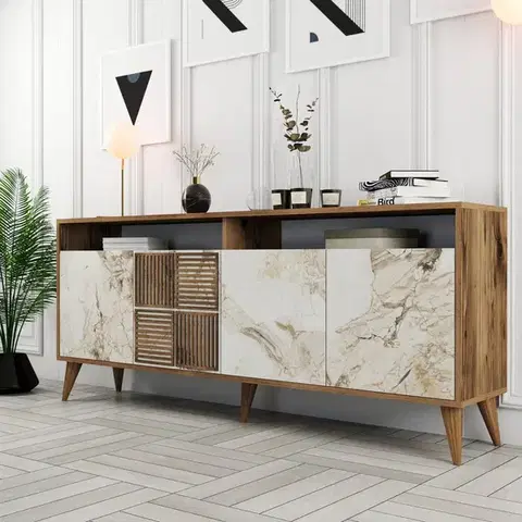 Komody Konzolový stolík Milan - Walnut, White Marble