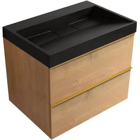 Kúpeľňový nábytok CERANO - Kúpeľňová skrinka Velora - dub medový, úchytka zlatá + umývadlo z lit. mramoru Vita - čierna matná - 70x63x46,5 CER-8050BD84056