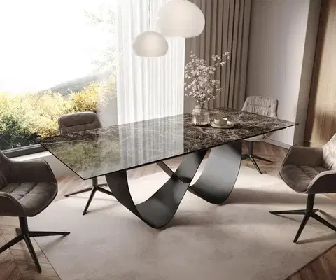 Jedálenské stoly DELIFE Jedálenský stôl Edge 180-220x100 keramika Laminam® Emperador Extra Lucidato tmavohnedá Infinity kov čierna rozkladací