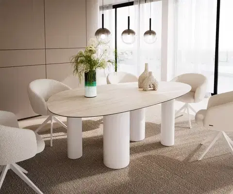 Jedálenské stoly DELIFE Jedálenský stôl Edge oválny 220x120 keramika Laminam®Travertino Bianco krémovo biela pilier kov biela