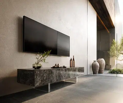 Televízne stolíky DELIFE TV stolík Cuor 150 cm keramika emperador extra leštený tmavohnedá 1 výklopné dvierka 1 zásuvka podstava závesná akrylové sklo
