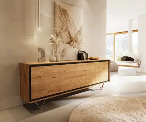 Komody DELIFE Komoda Stonegrace 200 cm dub prírodná 4 dvierka kamenná dyha podstava v tvare V nerezová oceľ