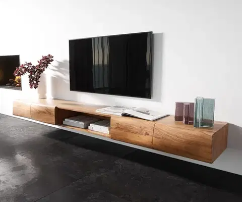 Televízne stolíky DELIFE TV stolík New Live-Edge 240 cm akácia prírodná 4 dvierka 1 priehradka závesný