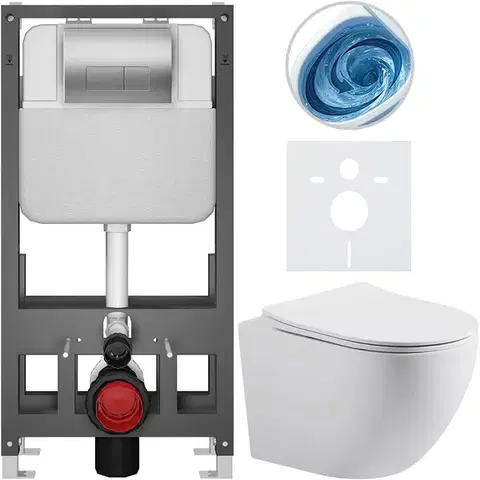 Záchody CERANO - Kompletný WC set Basic/Cesso - biela matná - WC tlačidlo Modulo/Strieborná - voľne stojaca - predstenová inštalácia - 49x36 CER-8050BD86192