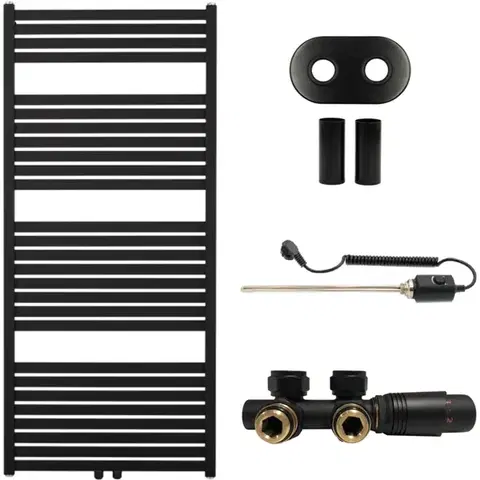 Doplnky do kúpeľne CERANO - Kúpeľňový radiátorový set Vincenzo - kombinované vykurovanie, termo tyč - stredové pripojenie 50 mm - 600W - čierna matná - 1340x600 mm CER-663508
