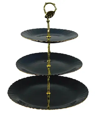 Podnosy a tácky MAKRO - Etažérka 3-poschodová, prevedenie čierno zlatá farba, keramika, 19cm, 23cm,29cm