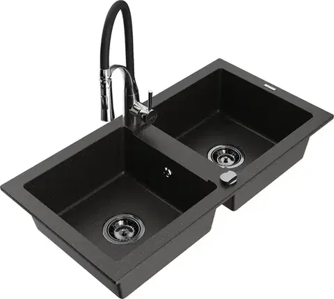 Kuchynské drezy MEXEN/S MEXEN/S - Mario granitový drez 2-bowl vrátane batérie Aster, čierna/zlatá metalik 6504-75-73450-07-B