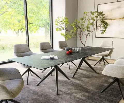 Jedálenské stoly DELIFE Jedálenský stôl Edge 300x100 keramika Laminam®Nero Greco antracit Estelar okrúhly kov čierna