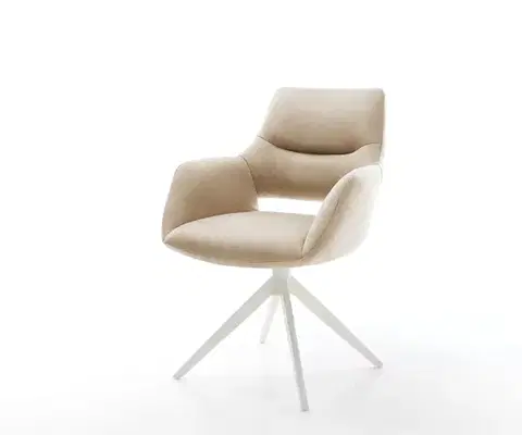 Jedálenské stoličky DELIFE Jedálenská stolička Yago-Flex s opierkami mikrovlákno béžová vintage krížová podstava široká biela otočná o 360° s hojdacou funkciou vrecková pružina