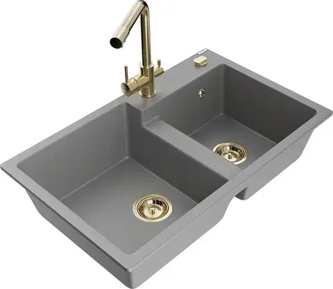 Kuchynské drezy MEXEN/S MEXEN/S - Tomas granitový drez 2-bowl vrátane batérie Duero, šedá 6516-71-671600-50