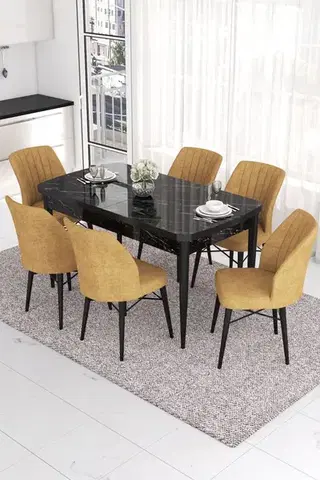 Jedálenské sety Extendable Dining Table & Chairs Set (7 Pieces) Eva - Black Marble, Cappuccino
