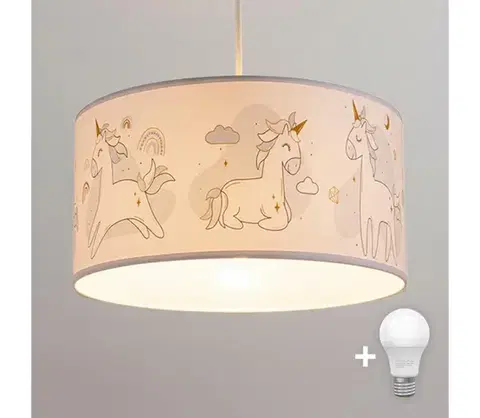 Svietidlá BRILAGI - LED detský závesný luster BOBO 1xE27/60W/230V, priemer 35 cm, biela / motív jednorožcov 8590828051121