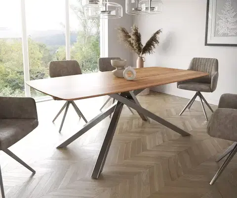 Jedálenské stoly DELIFE Jedálenský stôl Edge zaoblený tvar 200x100 akácia prírodná krížová podstava obdĺžnik nerezová oceľ švajčiarska hrana