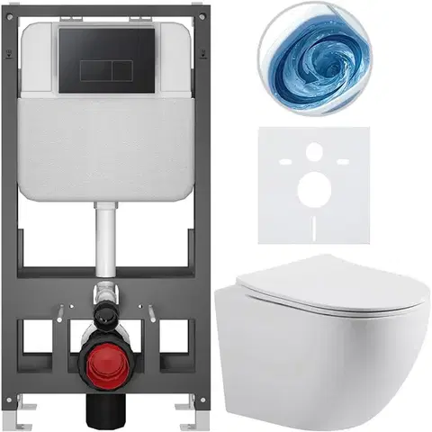 Záchody CERANO - Kompletný WC set Basic/Cesso - biela matná - WC tlačidlo Modulo/Čierna - voľne stojaca - predstenová inštalácia - 49x36 CER-8050BD86187