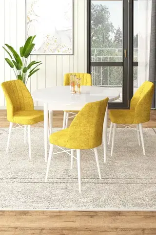 Jedálenské sety Dining Table & Chairs Set (5 Pieces) Rox - White, Mustard
