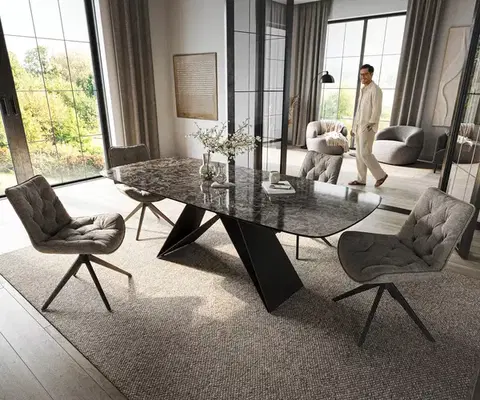 Jedálenské stoly DELIFE Jedálenský stôl Edge zaoblený 180-220×100 cm keramika Emperador Extra Lucidato tmavohnedá podstava v tvare V plochá oceľ čierna rozkladací