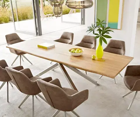 Jedálenské stoly DELIFE Jedálenský stôl Edge 260x100x2,5 cm dub prírodný krížová podstava obdĺžnik nerezová oceľ Live-Edge