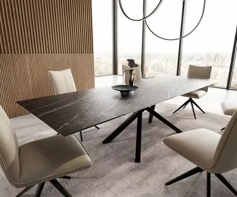 Jedálenské stoly DELIFE Jedálenský stôl Edge 200-300x100 keramika Laminam®Noir Desir hnedá krížová podstava obdĺžnik čierny rozkladací