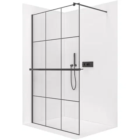 Držadlá k vani CERANO - Sprchová zástěna Walk-in Onyx Round L/P - 8 mm + polička/držák na ručníky - kulatá vzpěra  - černá matná, industriální sklo - 140x200  CER-8050BD169