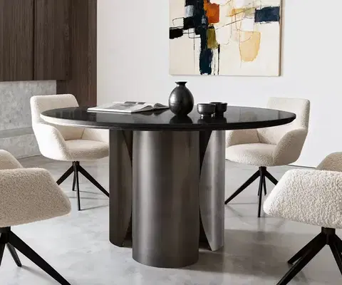 Jedálenské stoly DELIFE Jedálenský stôl Adenza okrúhly 140x140 cm mramor čierna strieborná kov čierna Antique