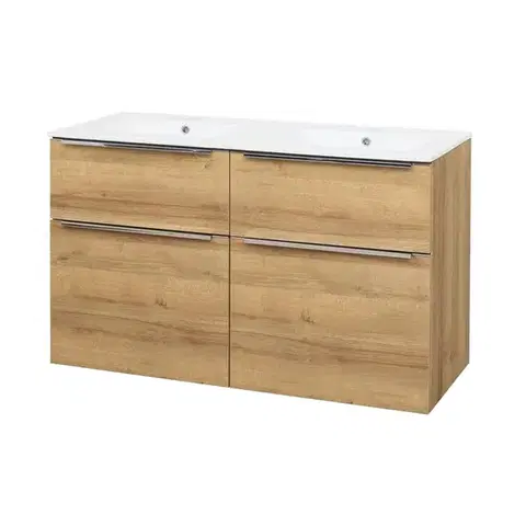 Kúpeľňový nábytok Mereo Mailo, kúpeľňová skrinka s keramickým umývadlom 121 cm, dub Riviera, elox AL madlo CN523A