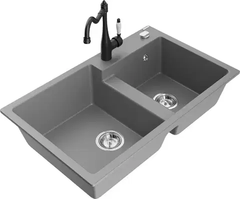 Kuchynské drezy MEXEN/S MEXEN/S - Tomas granitový drez 2-bowl vrátane batérie Carla, šedá 6516-71-670700-70