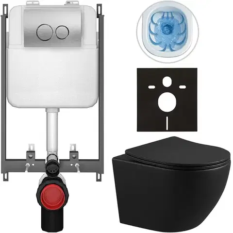 Záchody CERANO - Kompletný WC set Basic/Cesso - čierna matná - WC tlačidlo Dualo/Strieborná - na zamurovanie - 49x36 CER-8050BD86341