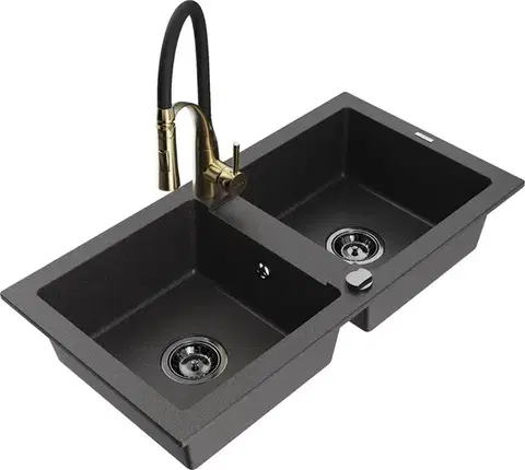 Kuchynské drezy MEXEN/S MEXEN/S - Mario granitový drez 2-bowl vrátane batérie Aster, čierna kropenatá 6504-76-73450-57-B