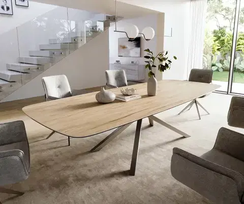 Jedálenské stoly DELIFE Jedálenský stôl Edge zaoblený 300×120 cm keramika Laminam® sabbia v dubovej farbe krížová podstava nerezová oceľ grafitová