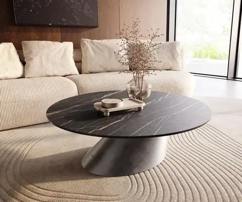 Konferenčné stolíky DELIFE Konferenčný stolík Edge okrúhly 100x100 cm keramika Laminam® Noir Desir hnedá Conis metalická strieborná