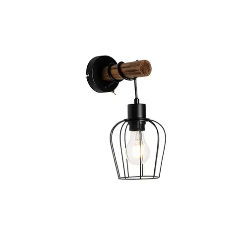 Nástenné osvetlenie Rustikálna nástenná lampa čierna s drevom - Stronk